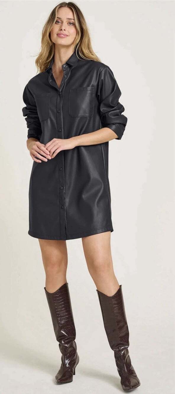 Venus Medium Faux Leather Shirt Dress - Jet Black  A477